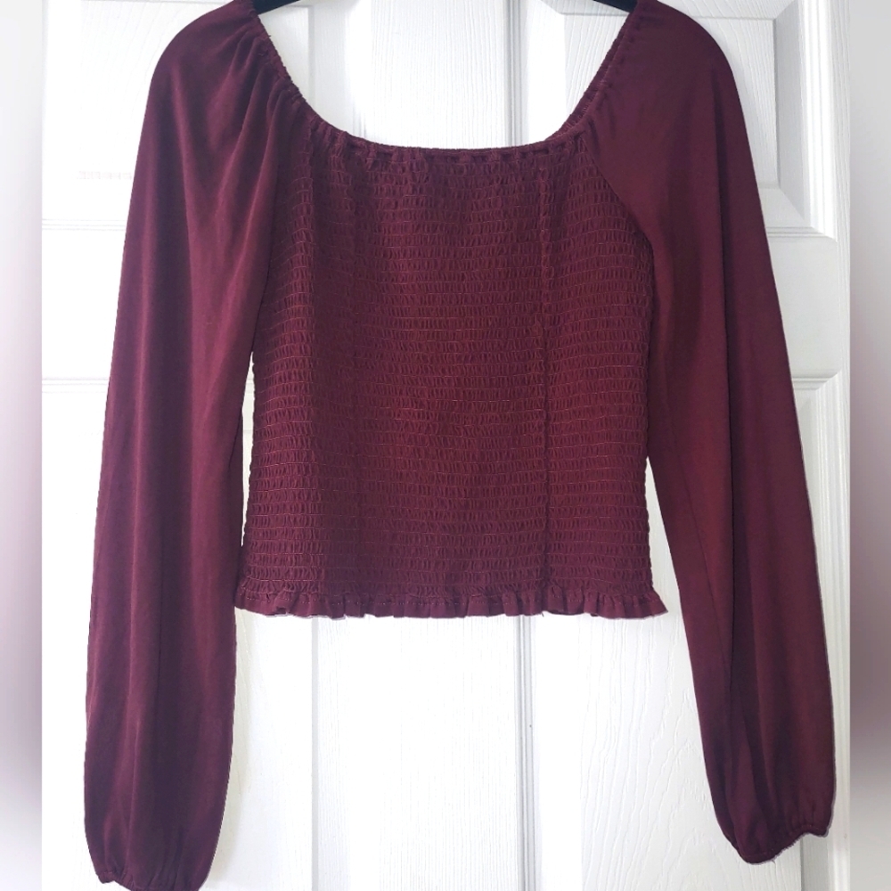 Bohme Smocked Peasant Top Blouse Women's Size X Small‎ Burgundy Red